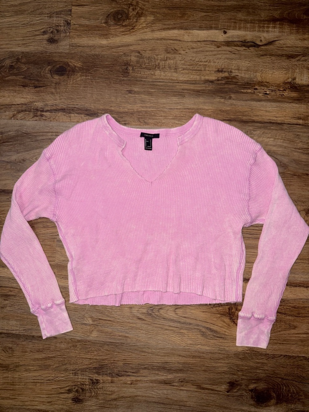 Pink Waffle Knit Cropped Long-Sleeve Top